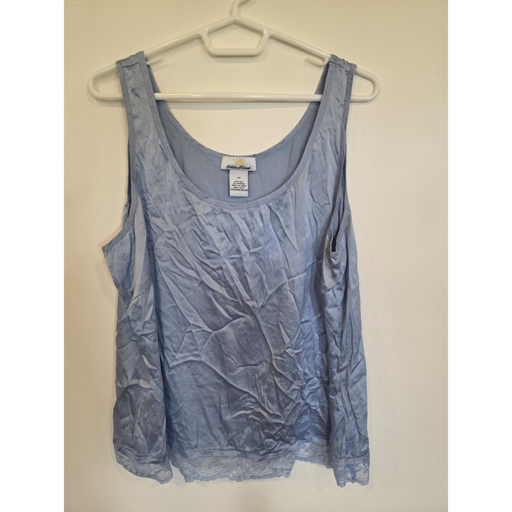 Vintage Silk Blend Tank Top Plus Size 1X Blue Floral Lace Layering Blouse